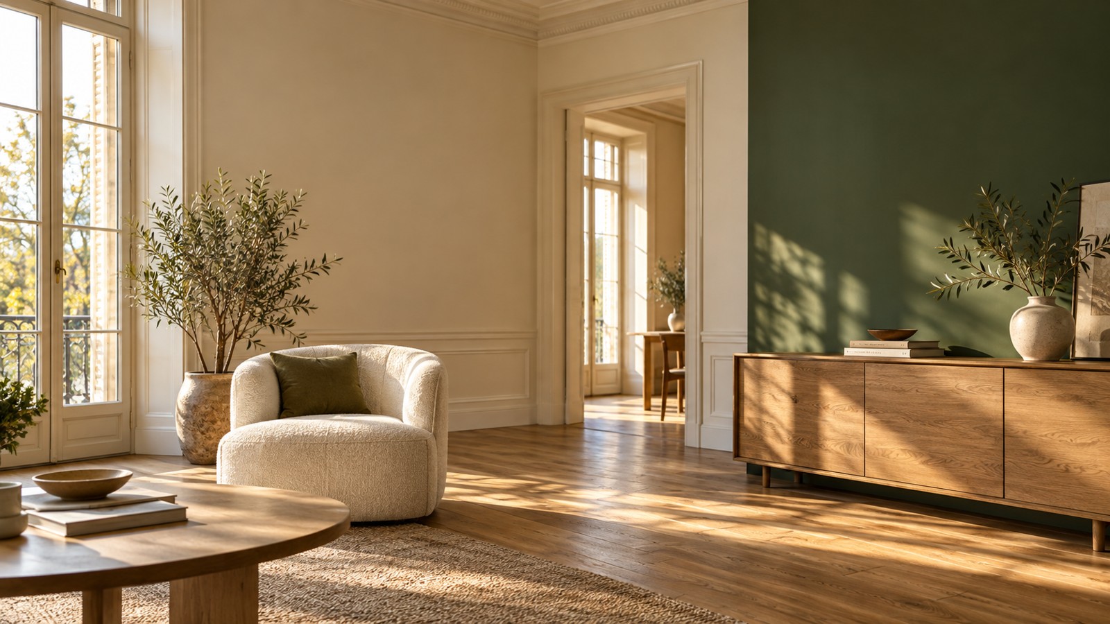 Illustration d’un intérieur aux murs crème et vert profond