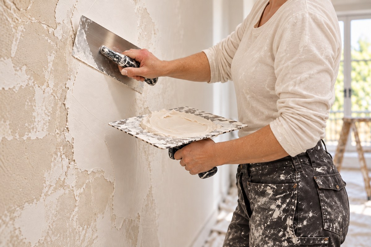 Artisane appliquant de l’enduit pour préparer un mur, visage hors cadre